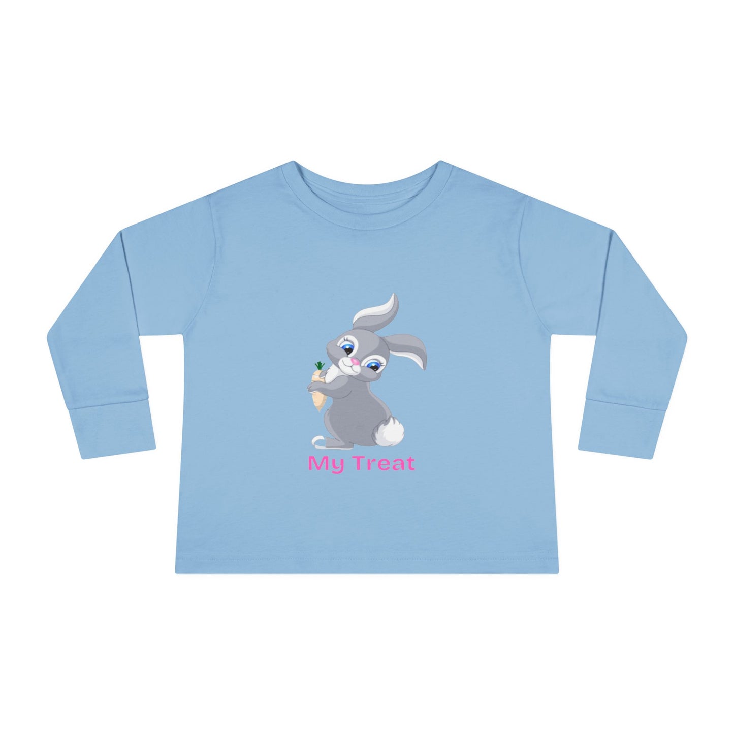 Light blue long-sleeve shirt with a cartoon rabbit design and 'My Treat' text on a white background