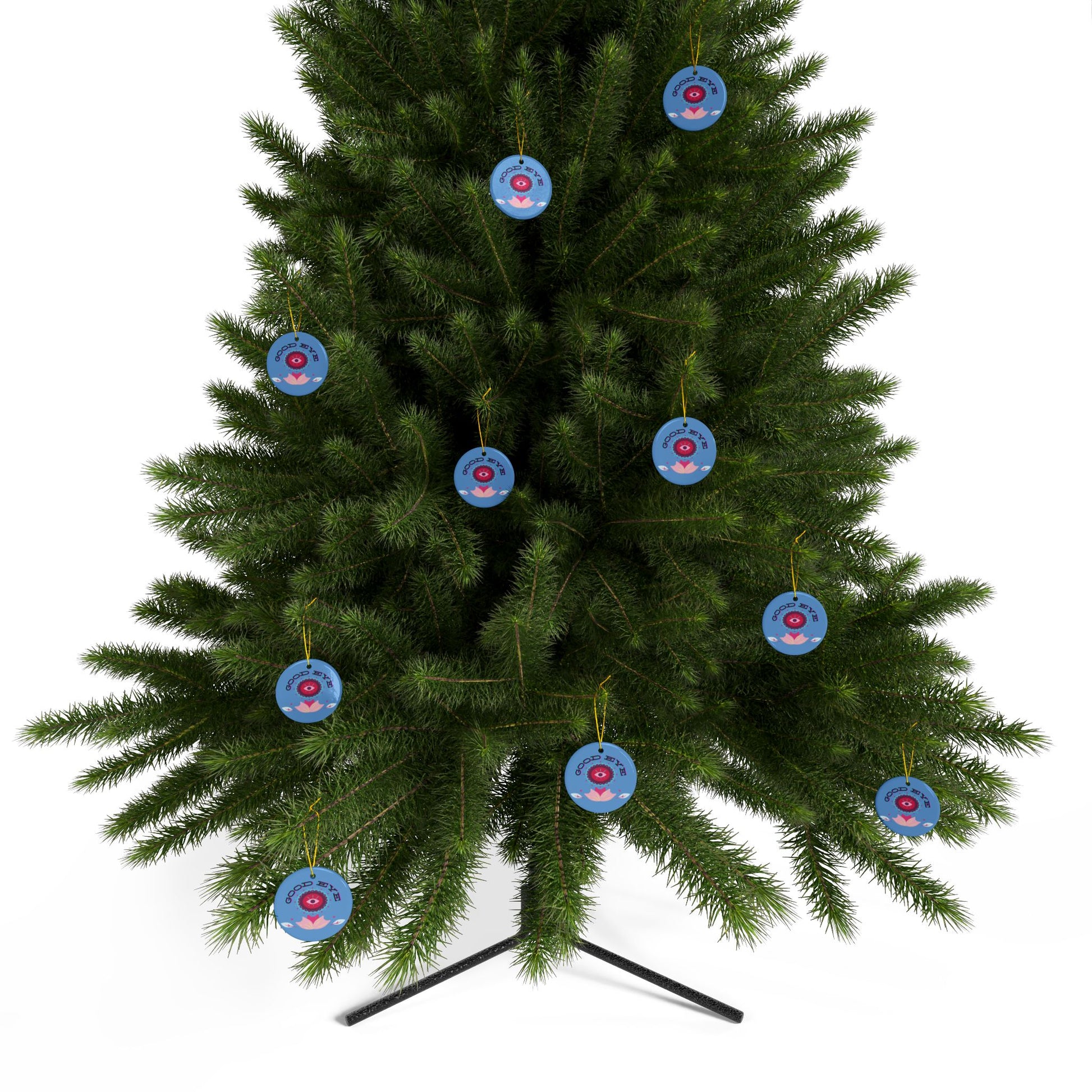 Christmas tree with blue and red circular ornaments on a white background