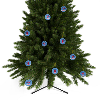 Christmas tree with blue and red circular ornaments on a white background