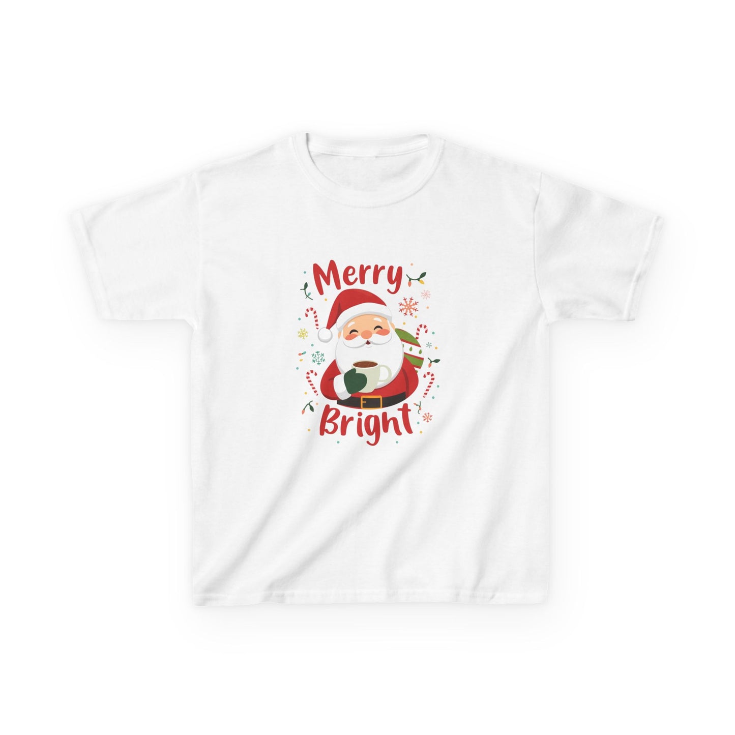 White t-shirt with Santa Claus graphic and 'Merry Bright' text on a white background