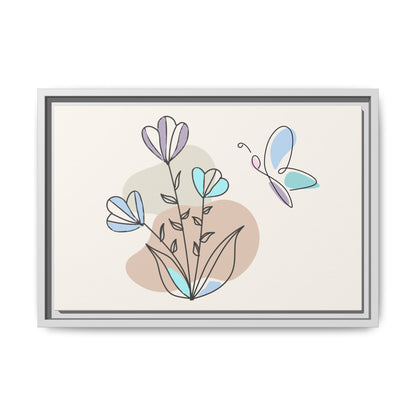 Framed artwork with abstract flowers and a butterfly on a beige background