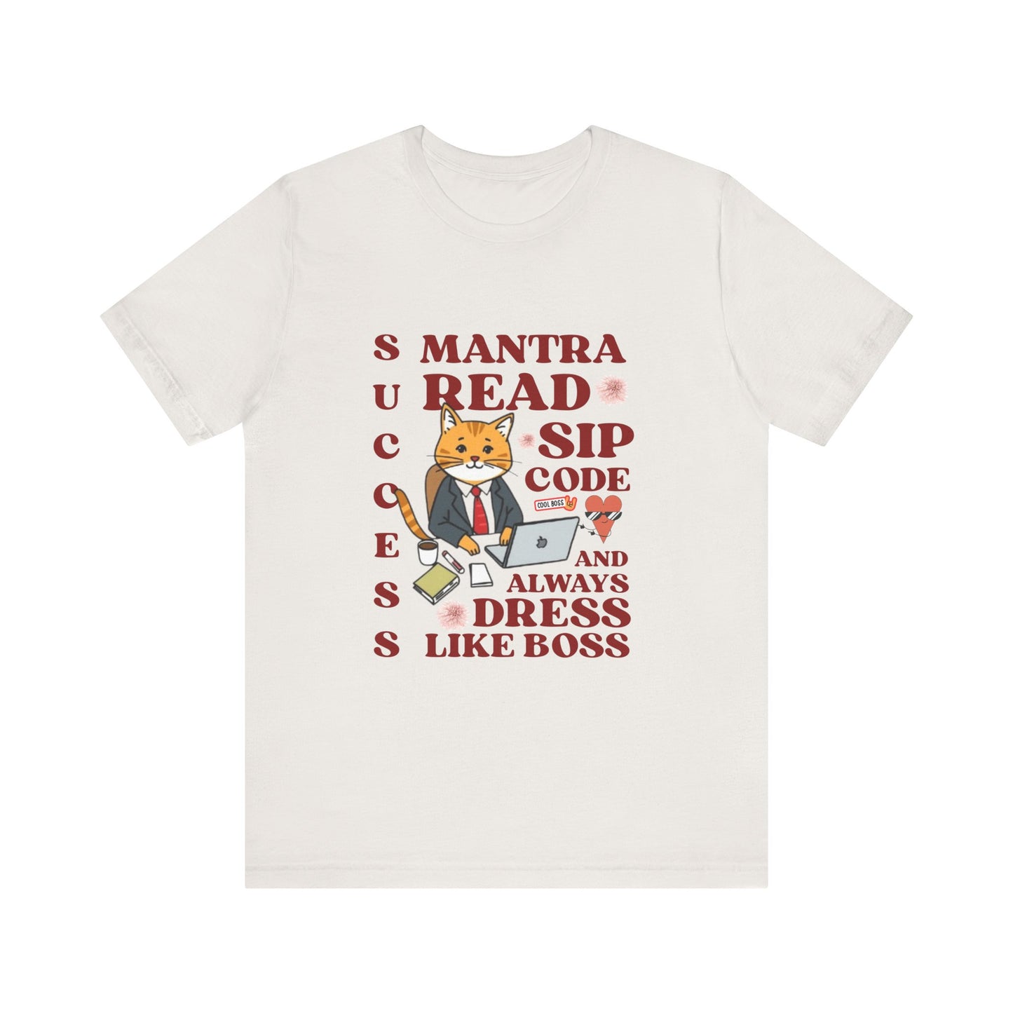 White t-shirt with a graphic of a cat in a suit and text on a white background