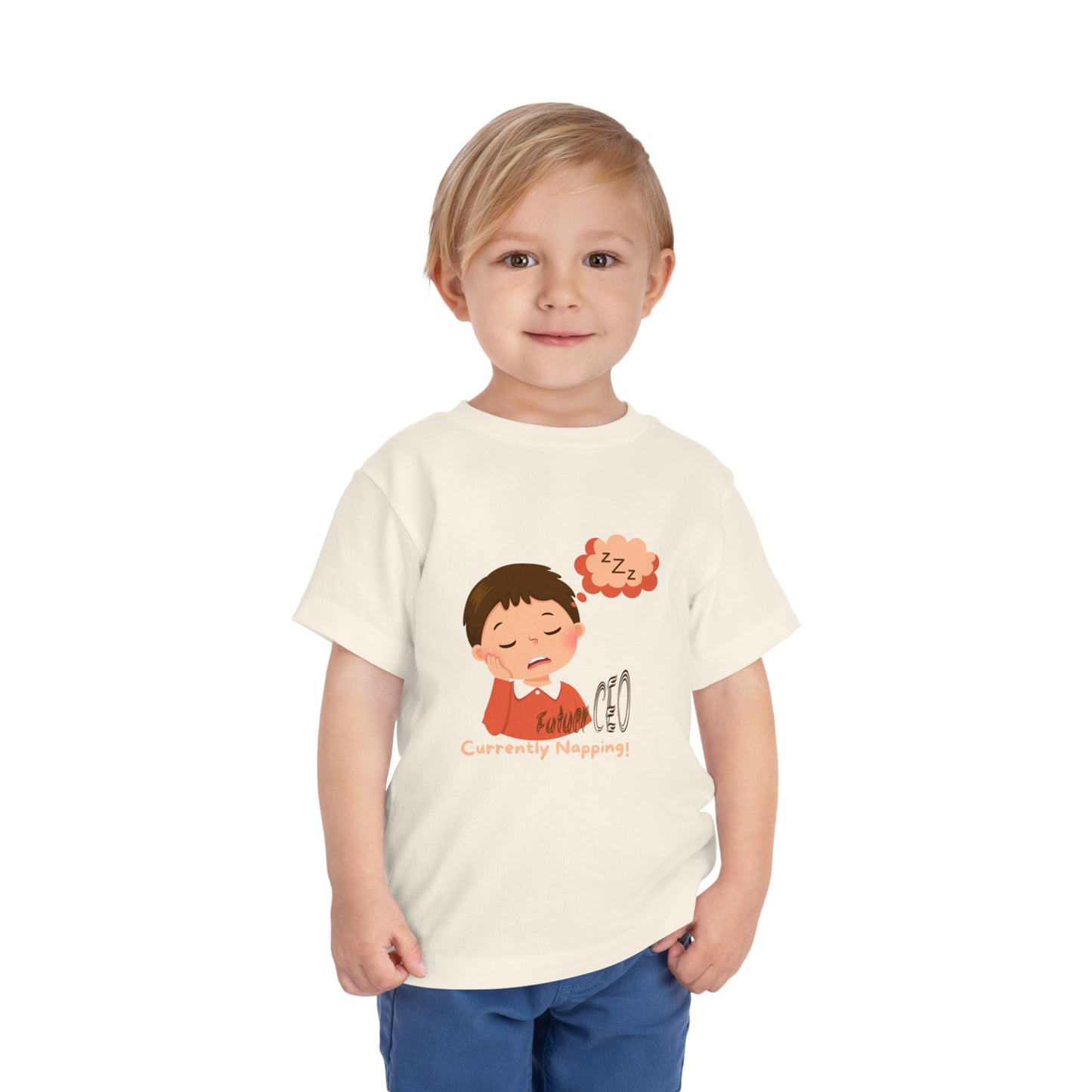 Child wearing a t-shirt with a cartoon character and text on a white background