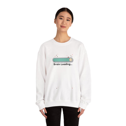 Person wearing a white sweatshirt with 'Brain Loading...' text and graphic on a white background