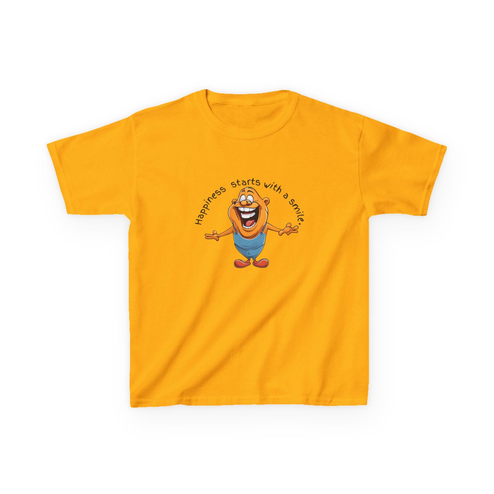 Kids cotton t-shirt with cute cartoon character and “Happiness Starts with a Smile” text