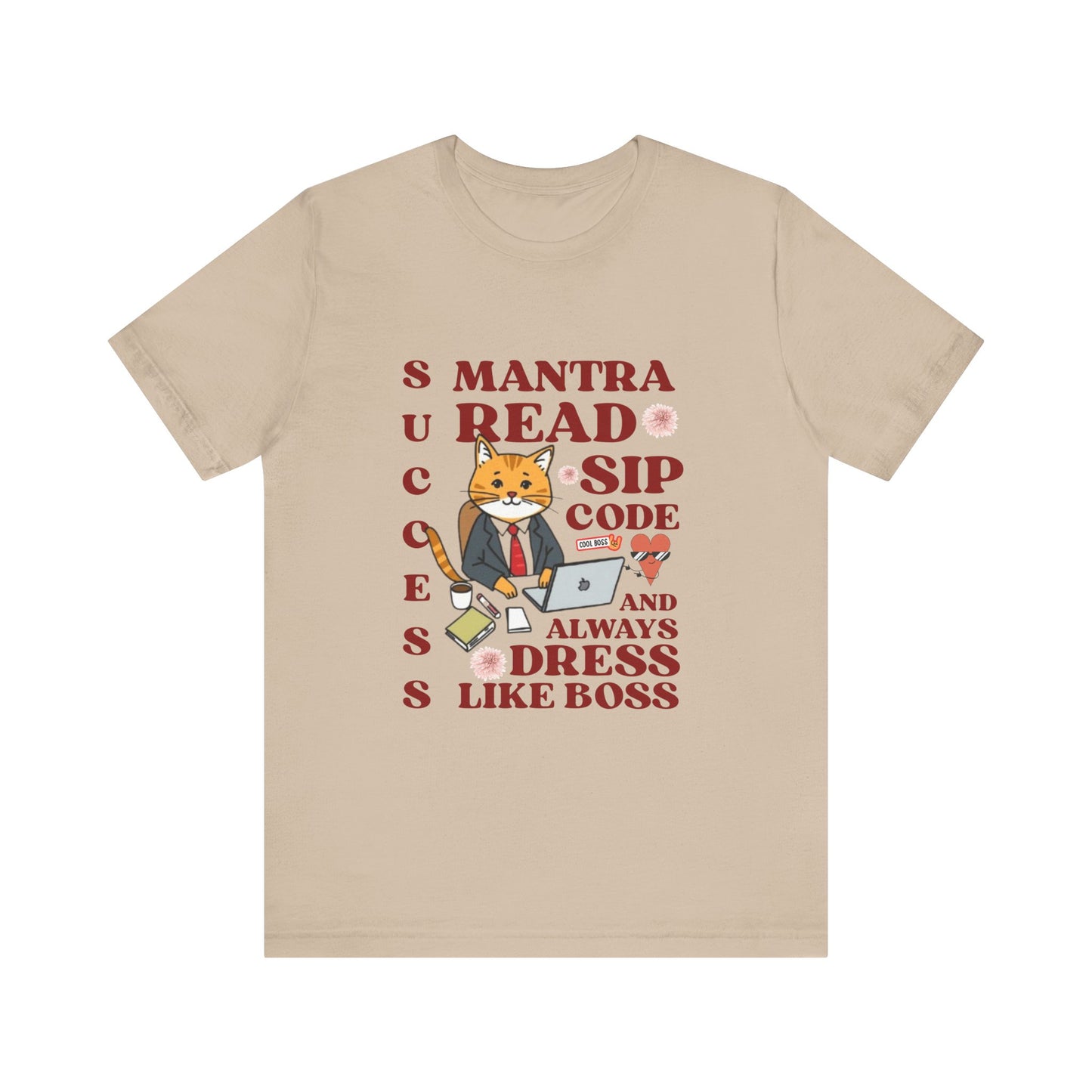 Beige t-shirt with a fox graphic and text on a white background