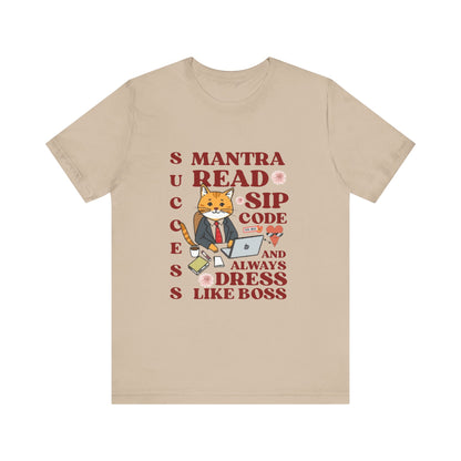 Beige t-shirt with a fox graphic and text on a white background