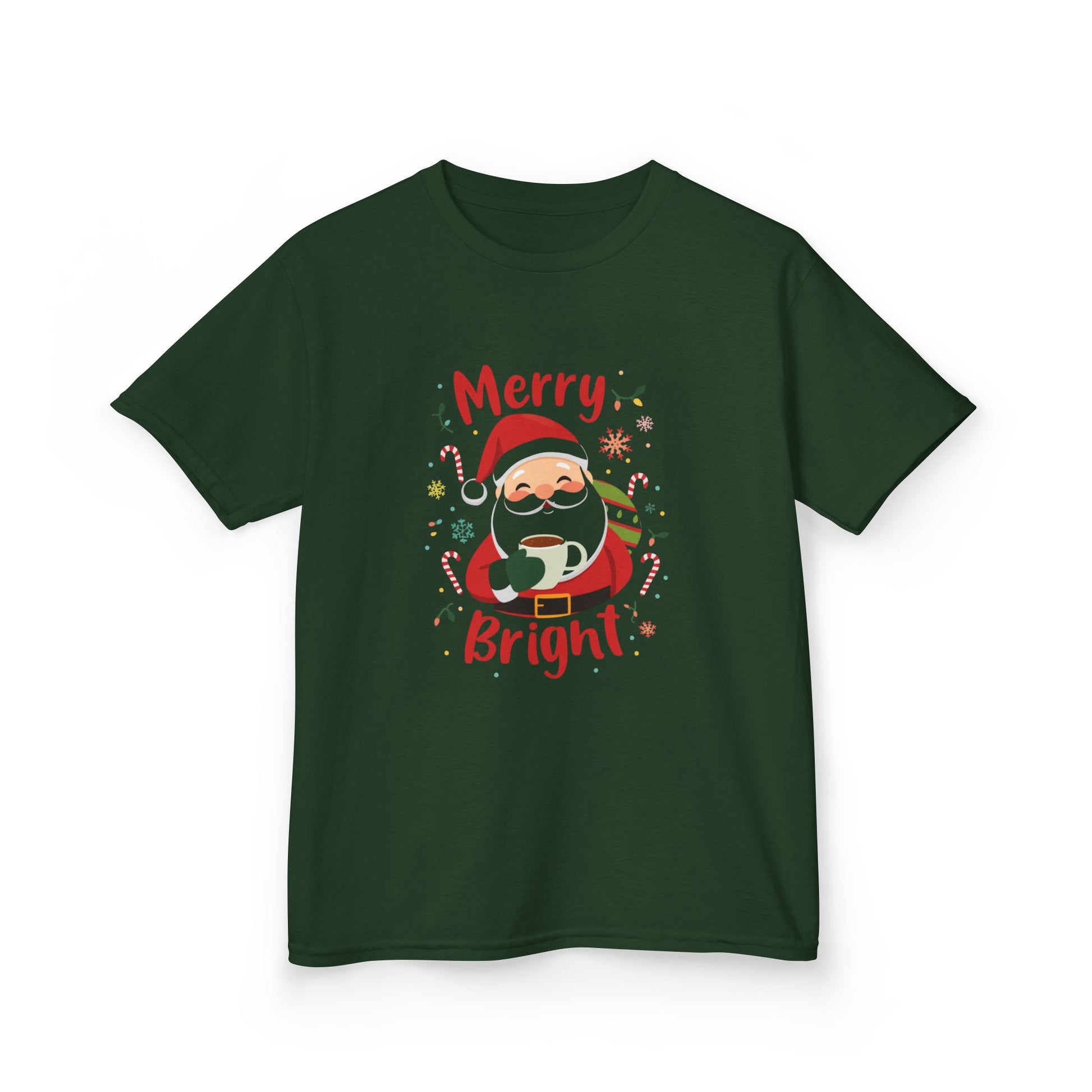 Green t-shirt with Santa Claus graphic and 'Merry Bright' text on a white background