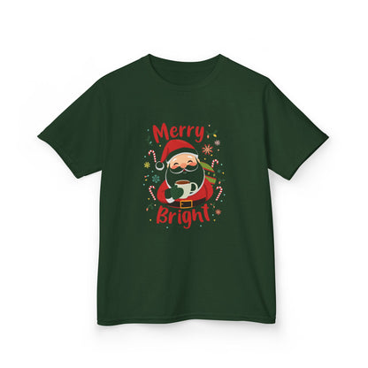 Green t-shirt with Santa Claus graphic and 'Merry Bright' text on a white background