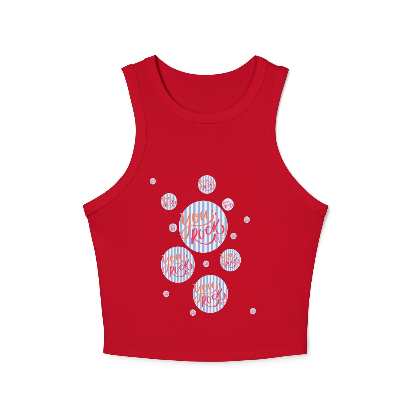 women's  micro rib racer back top with the phrase you rock printed in bold and stylish font on the front
