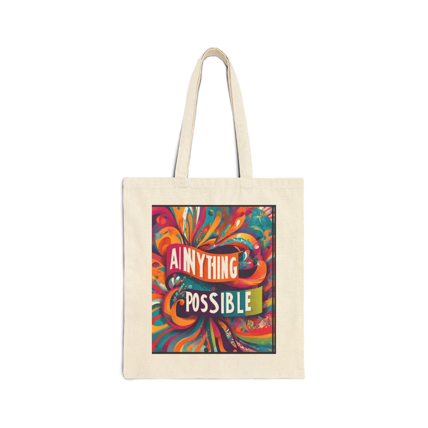 A cotton canvas tote bag with a multicolored geometric pattern design and the text 'ANYTHING POSSIBLE' on the front.