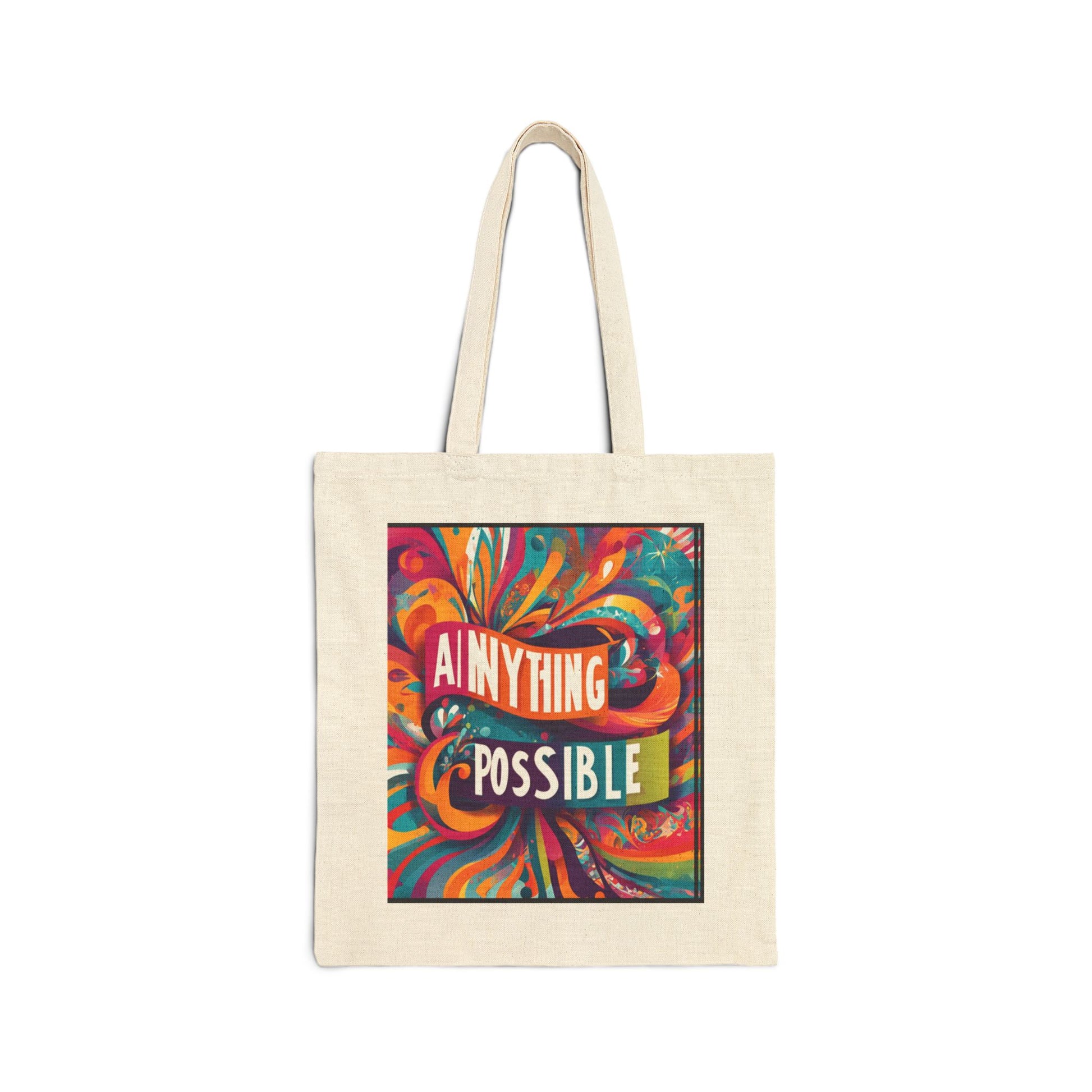 A cotton canvas tote bag with a multicolored geometric pattern design and the text 'ANYTHING POSSIBLE' on the front.