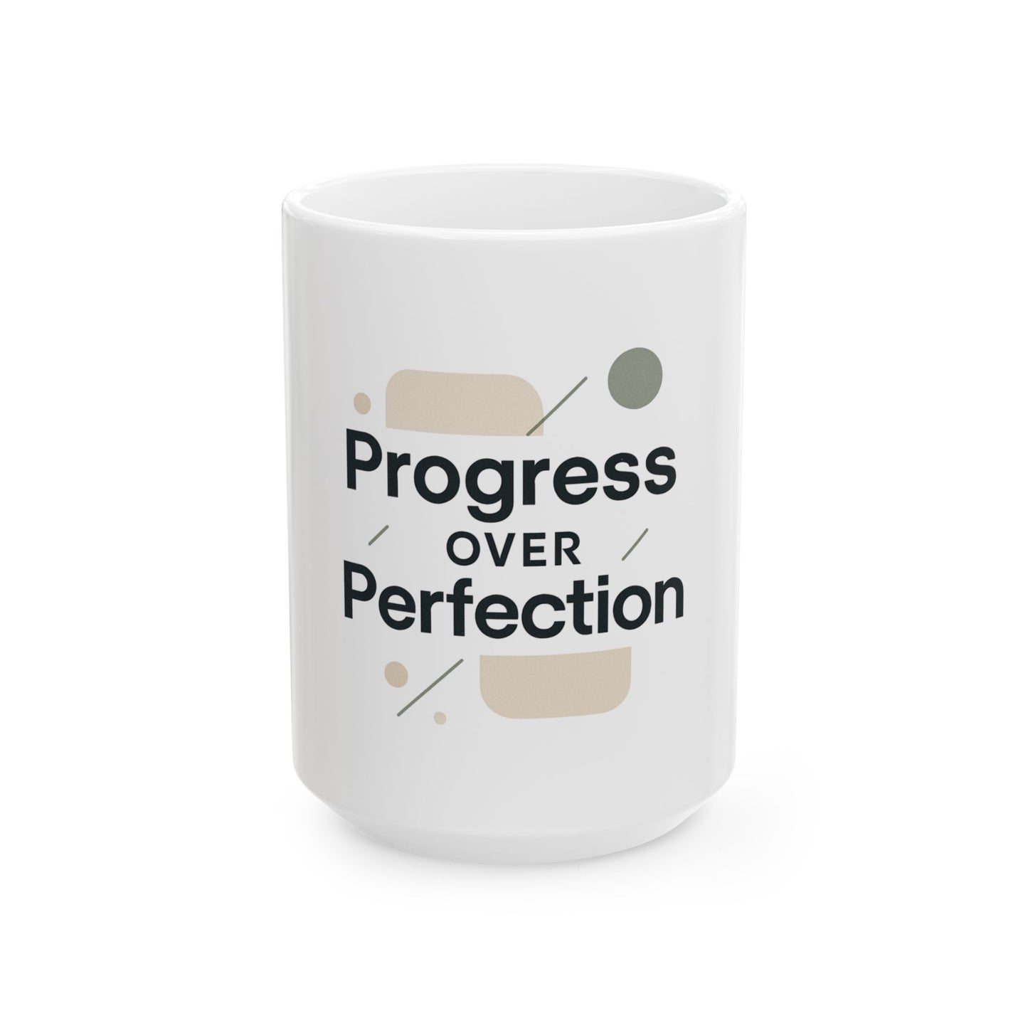 White mug with 'Progress Over Perfection' text on a white background
