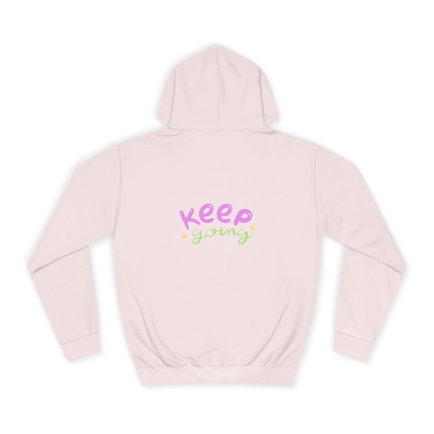 Pink hoodie with 'Keep Going' text on a white background