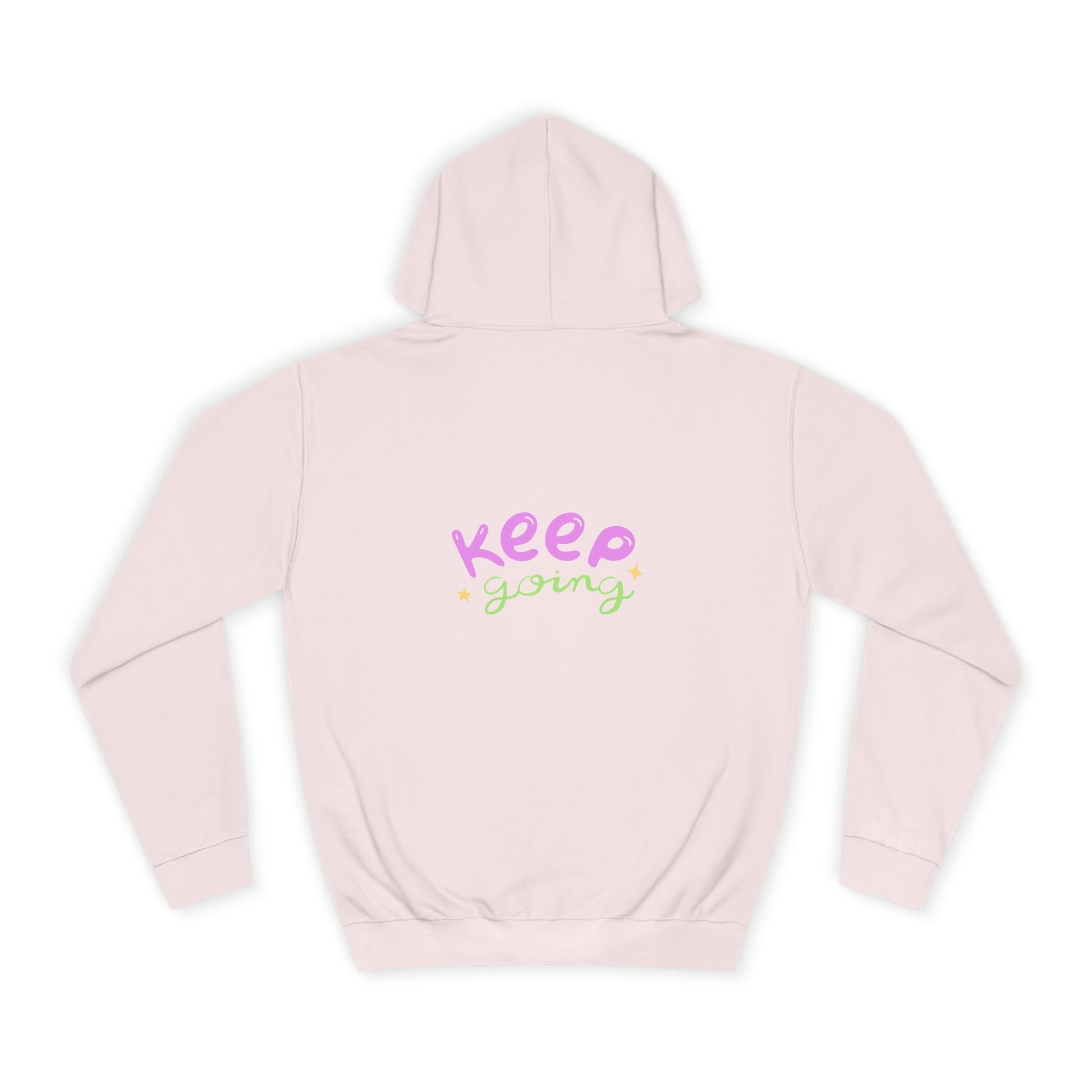 Pink hoodie with 'Keep Going' text on a white background