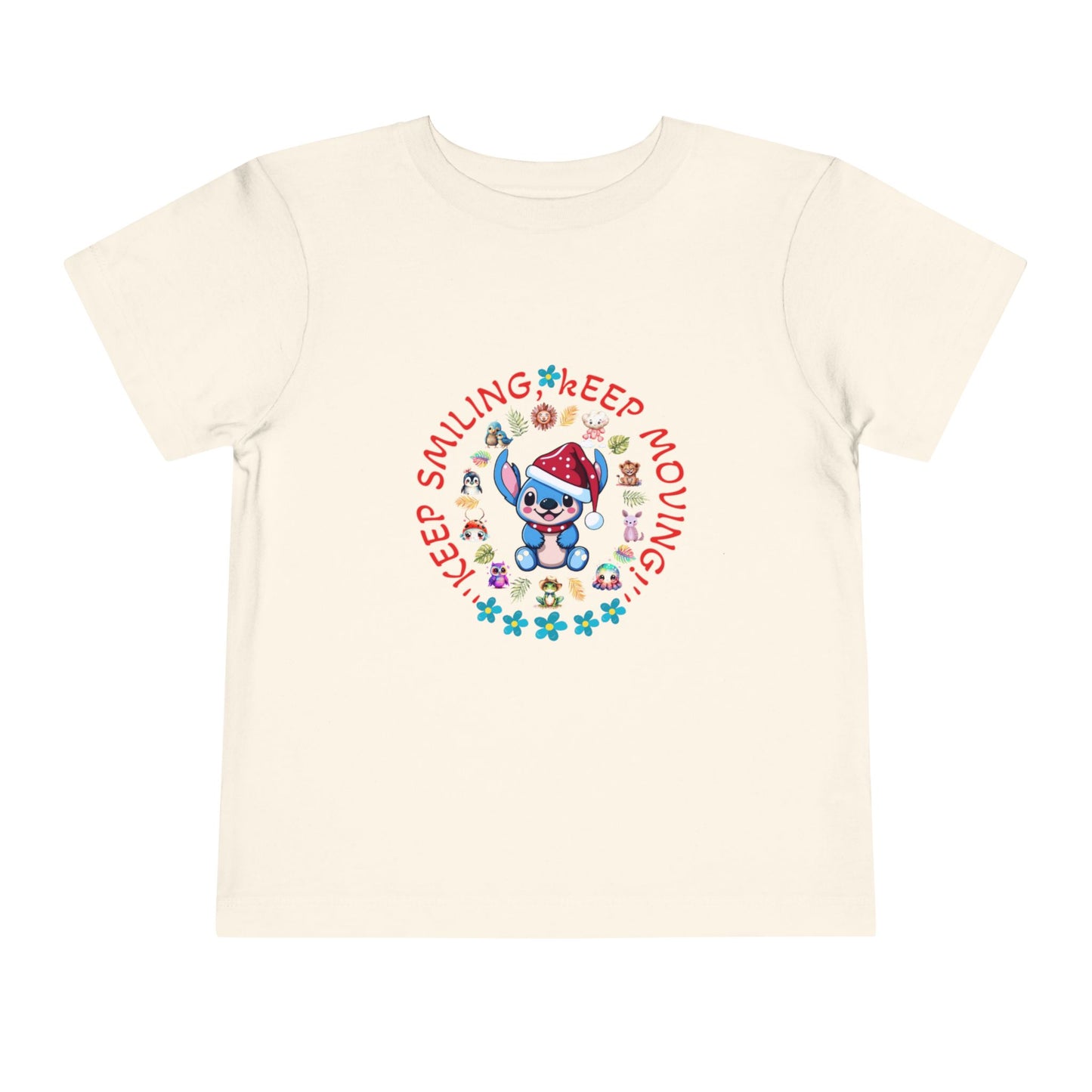 Toddler t-shirt with a cute dog illustration and motivational quote "Keep Smiling Keep Moving" printed in the center.