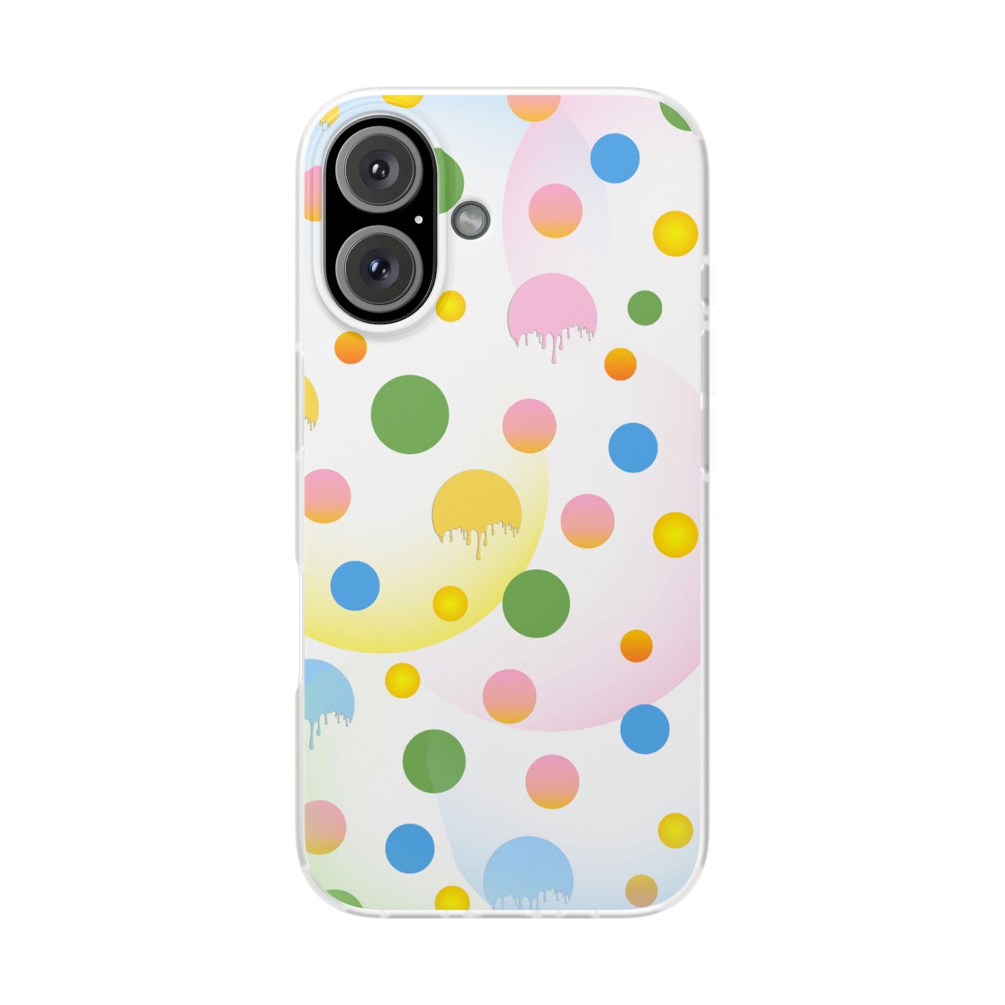 A semi-transparent matte finish mobile phone case with a multicolored dot pattern.