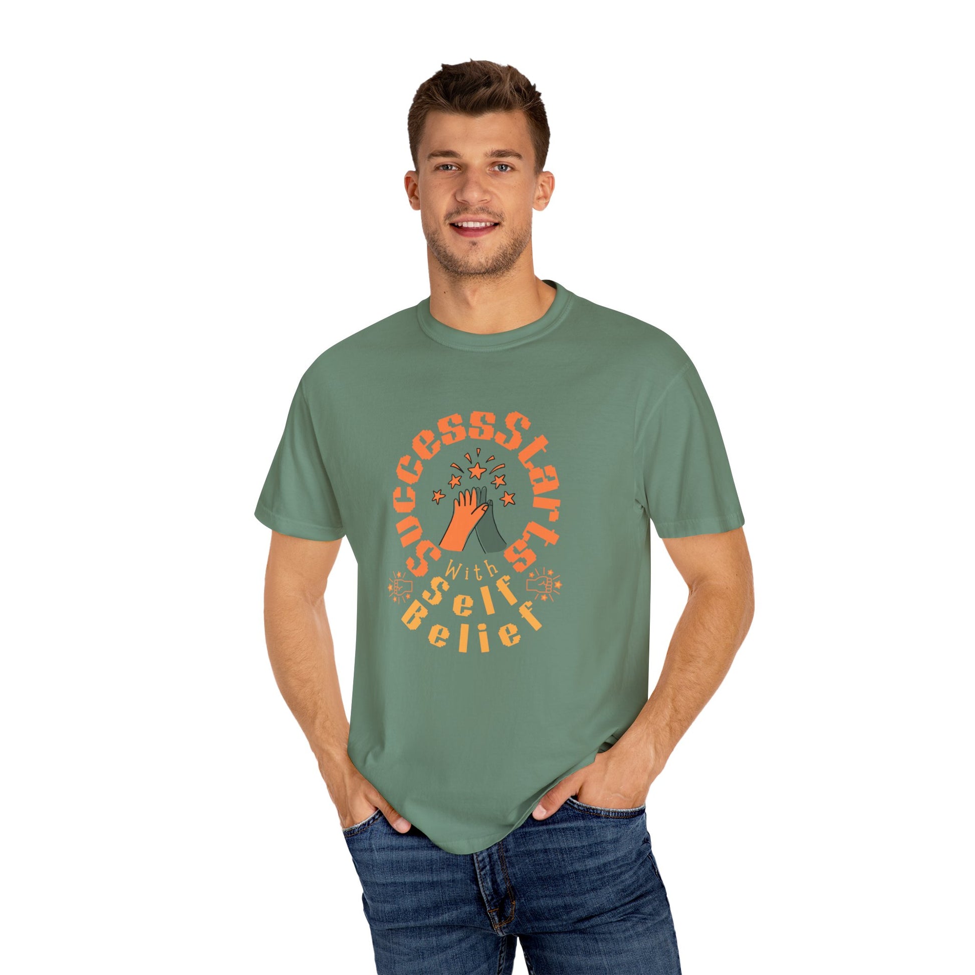 Man wearing a green t-shirt with a motivational quote design on a white background
