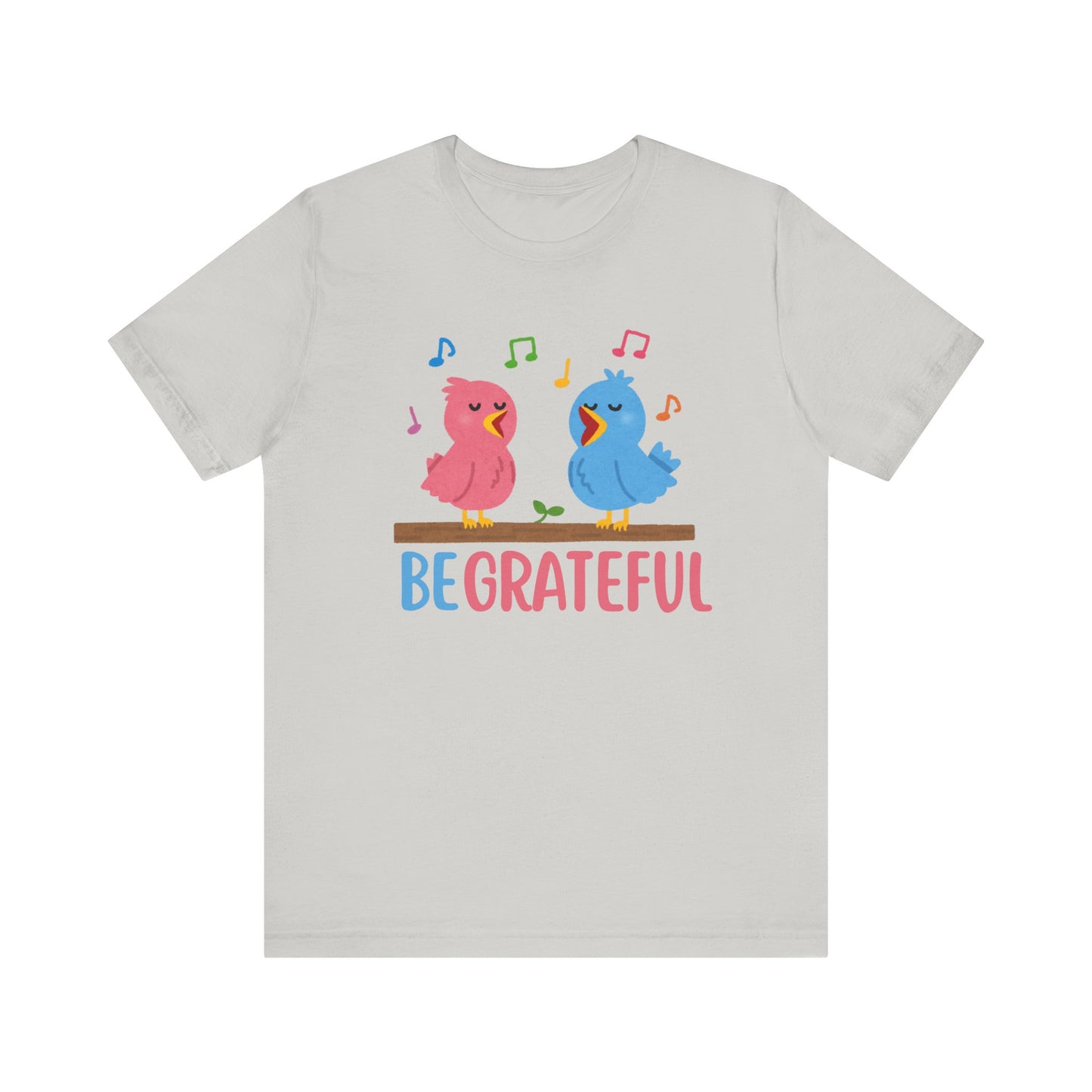 T-shirt with “Be Grateful” text and two bird illustrations – inspirational and nature-themed design for everyday wear.