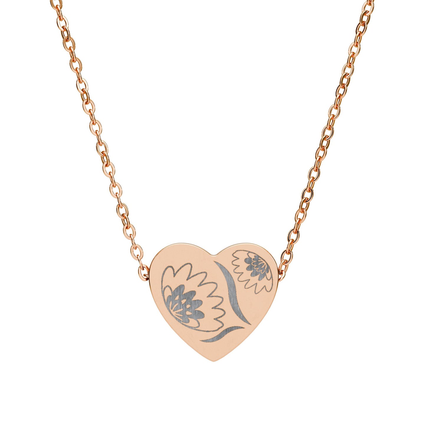 Rose gold heart-shaped necklace with floral engraving on a white background