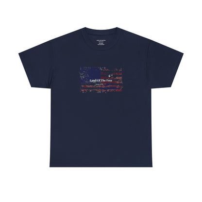 Black t-shirt with a colorful graphic design on a white background