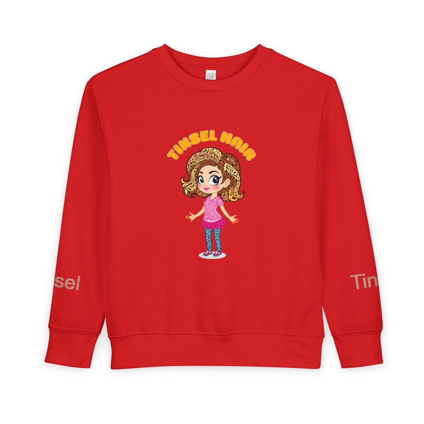 Red sweatshirt with cartoon character and 'Tunnel Hair' text on a white background