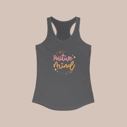 A solid dark grey women's racerback tank top with 'Positive Mind' text printed in the center in a cursive font, surrounded by small heart shapes.