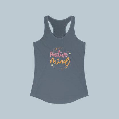 A  solid indigo women's racerback tank top with 'Positive Mind' text printed in the center in a cursive font, surrounded by small heart shapes.