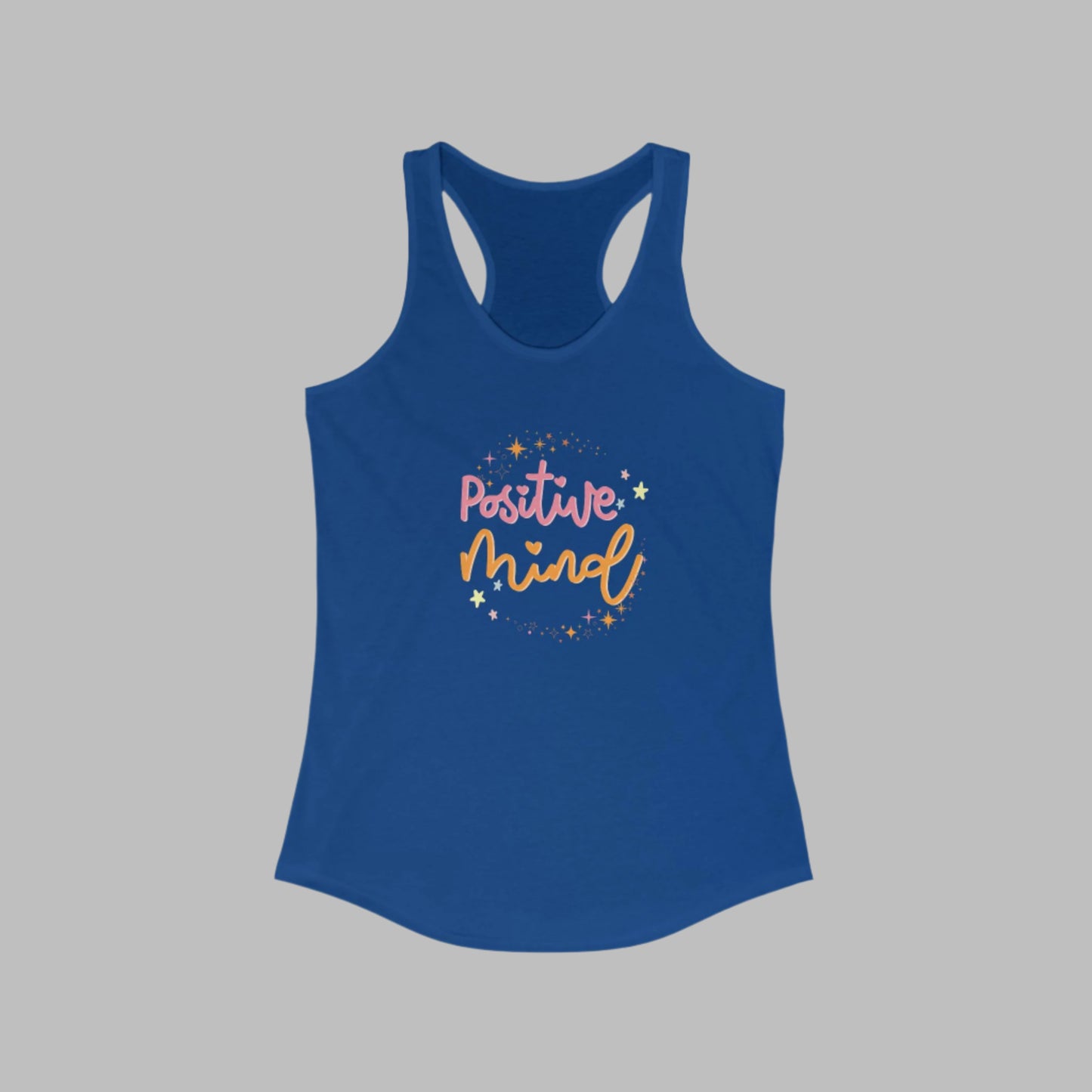 A  solid royal women's racerback tank top with 'Positive Mind' text printed in the center in a cursive font, surrounded by small heart shapes.