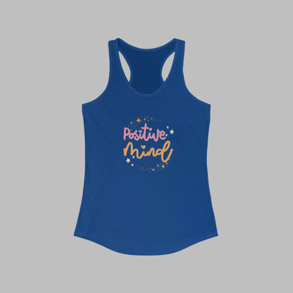 A  solid royal women's racerback tank top with 'Positive Mind' text printed in the center in a cursive font, surrounded by small heart shapes.