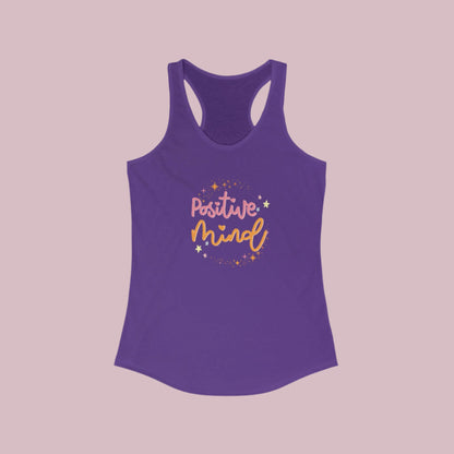 A  solid purple rush women's racerback tank top with 'Positive Mind' text printed in the center in a cursive font, surrounded by small heart shapes.