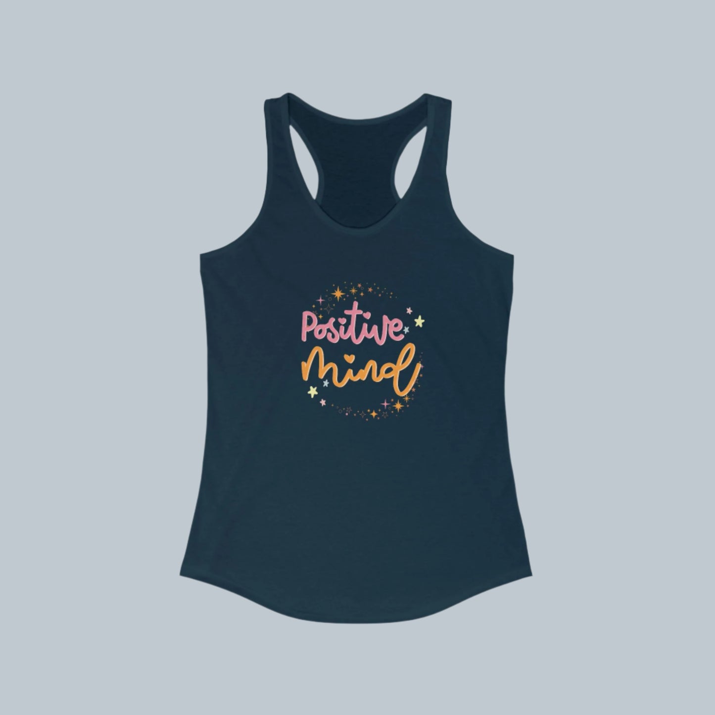 A  solid midnight navy  women's racerback tank top with 'Positive Mind' text printed in the center in a cursive font, surrounded by small heart shapes.