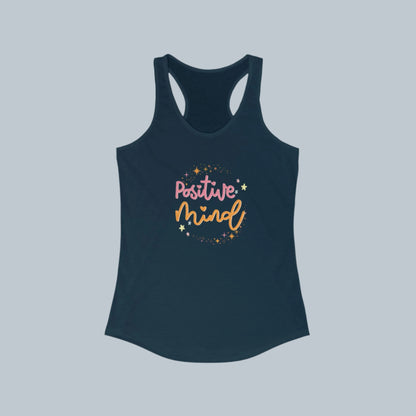 A  solid midnight navy  women's racerback tank top with 'Positive Mind' text printed in the center in a cursive font, surrounded by small heart shapes.