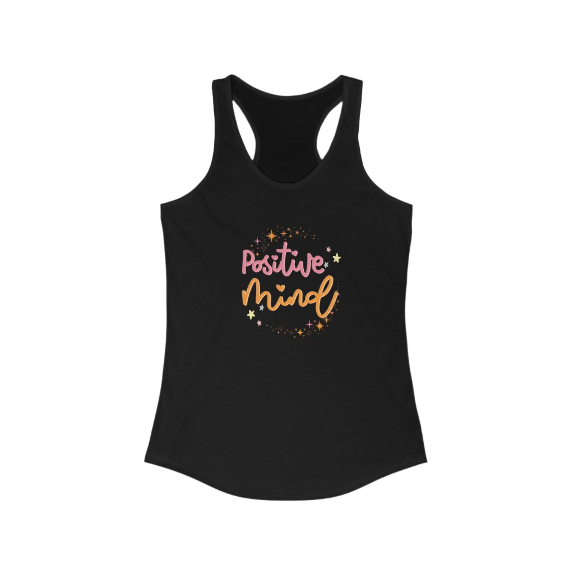 A  solid black women's racerback tank top with 'Positive Mind' text printed in the center in a cursive font, surrounded by small heart shapes.