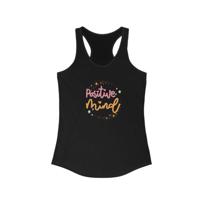 A  solid black women's racerback tank top with 'Positive Mind' text printed in the center in a cursive font, surrounded by small heart shapes.