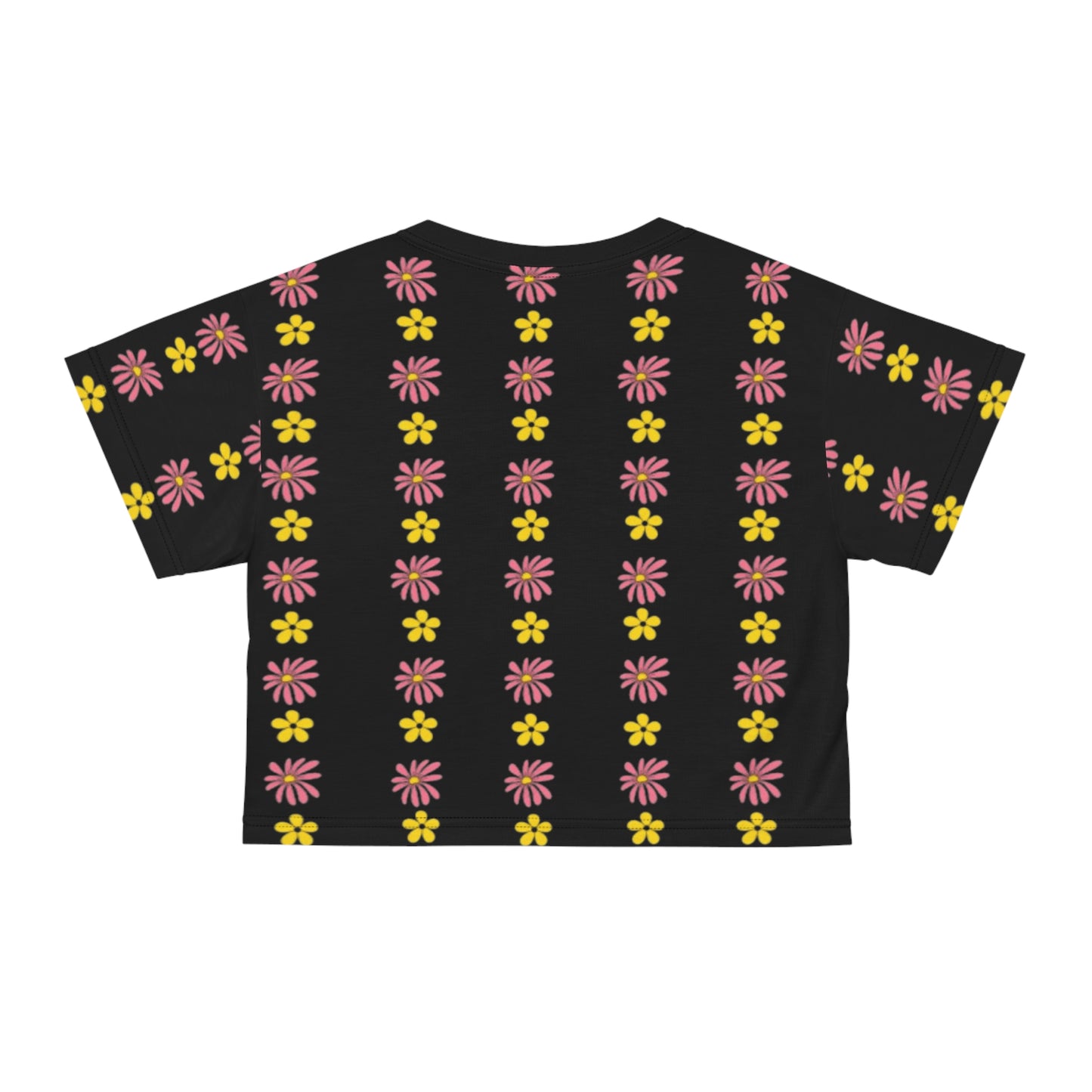 A black crop top with a colorful all-over floral print