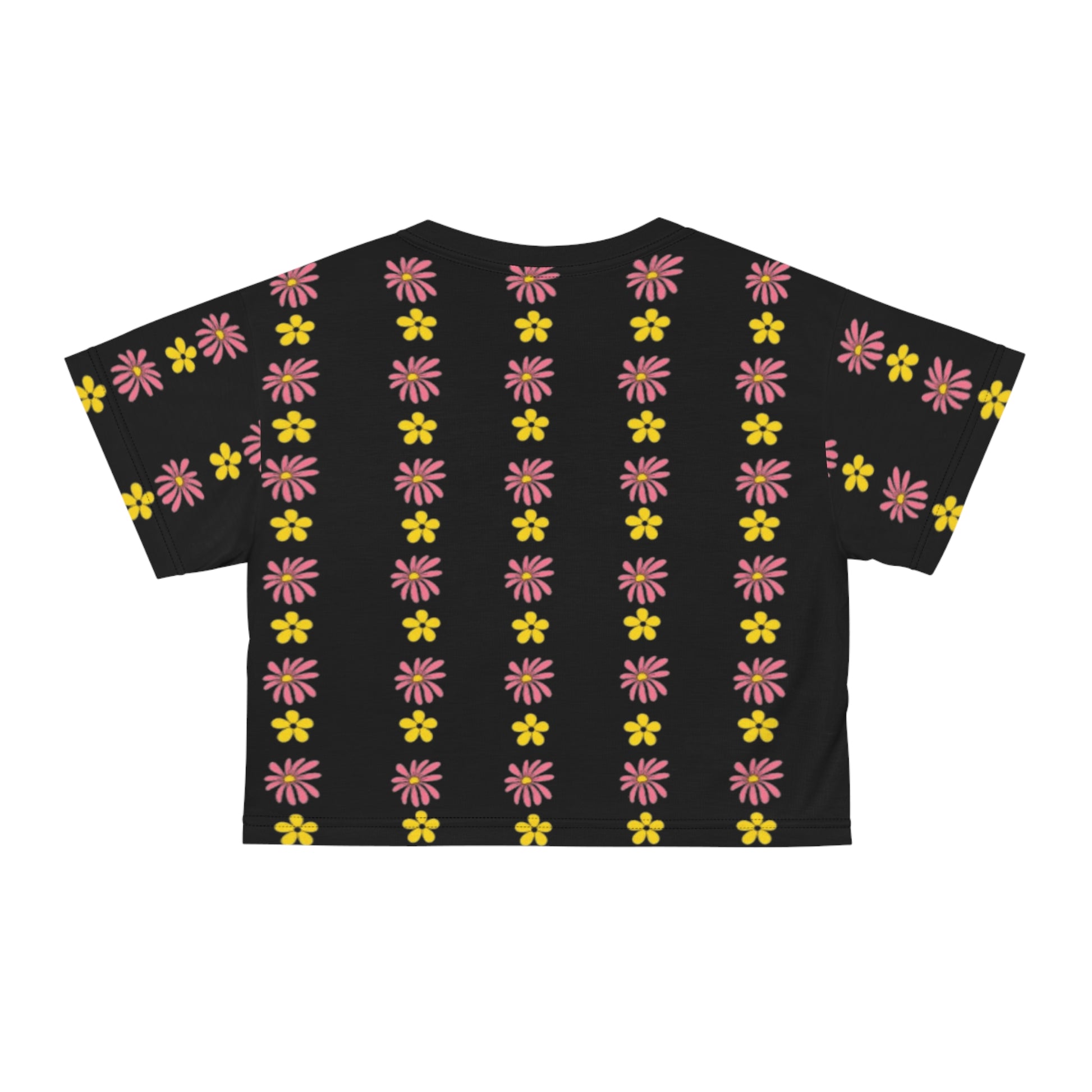 A black crop top with a colorful all-over floral print