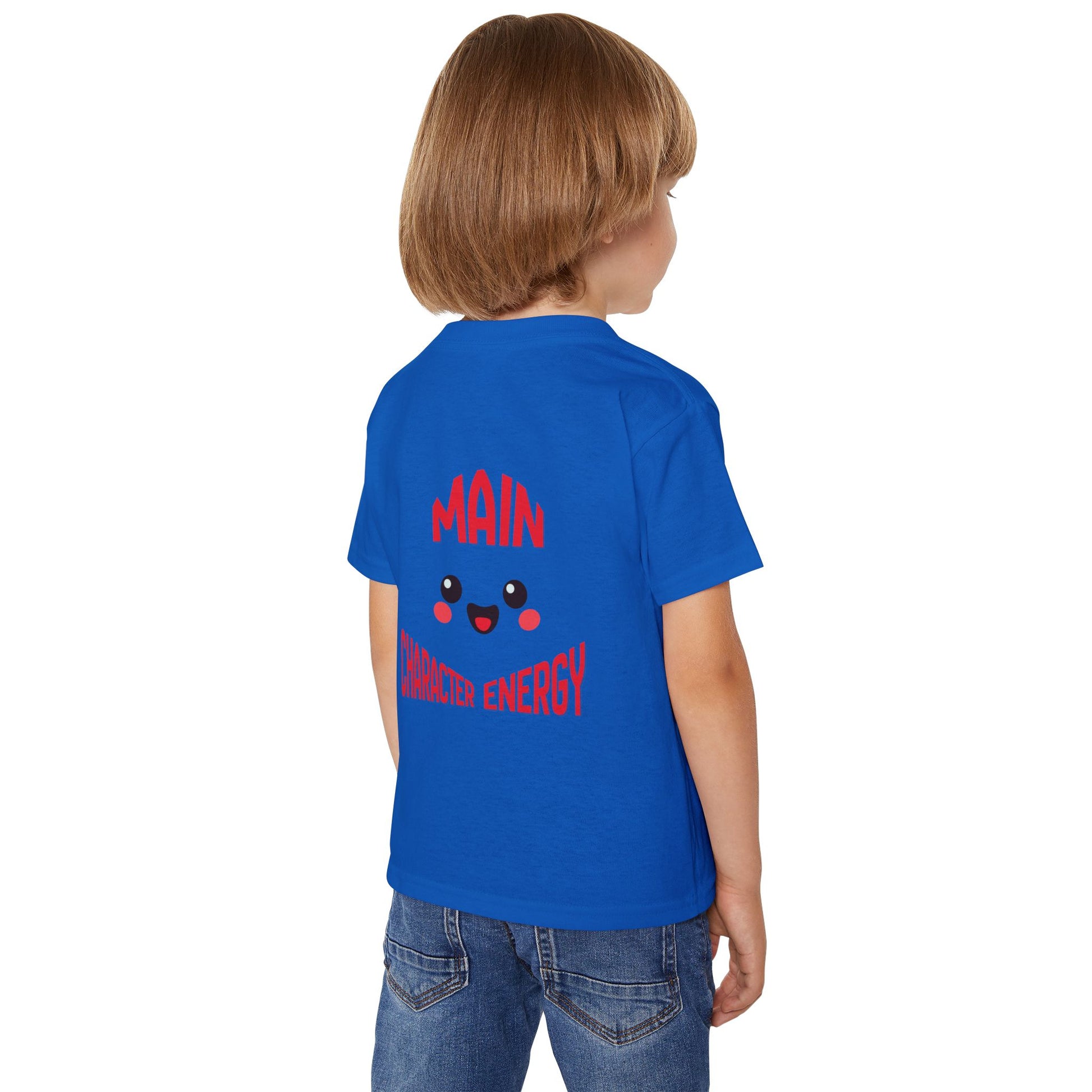 Kawaii smiley face with curved text Main Character Energy on the back of a baby t-shirt."
