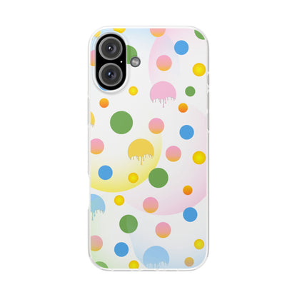 A semi-transparent matte finish mobile phone case with a multicolored dot pattern.