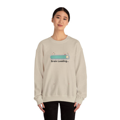 Person wearing a beige sweatshirt with 'Brain Loading...' graphic on a white background