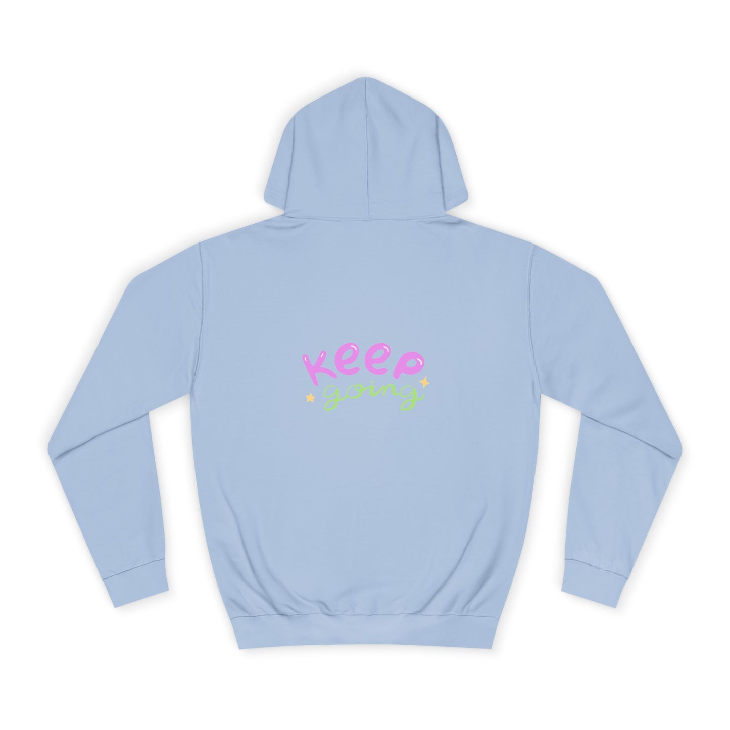 Light blue hoodie with colorful text on the back against a white background