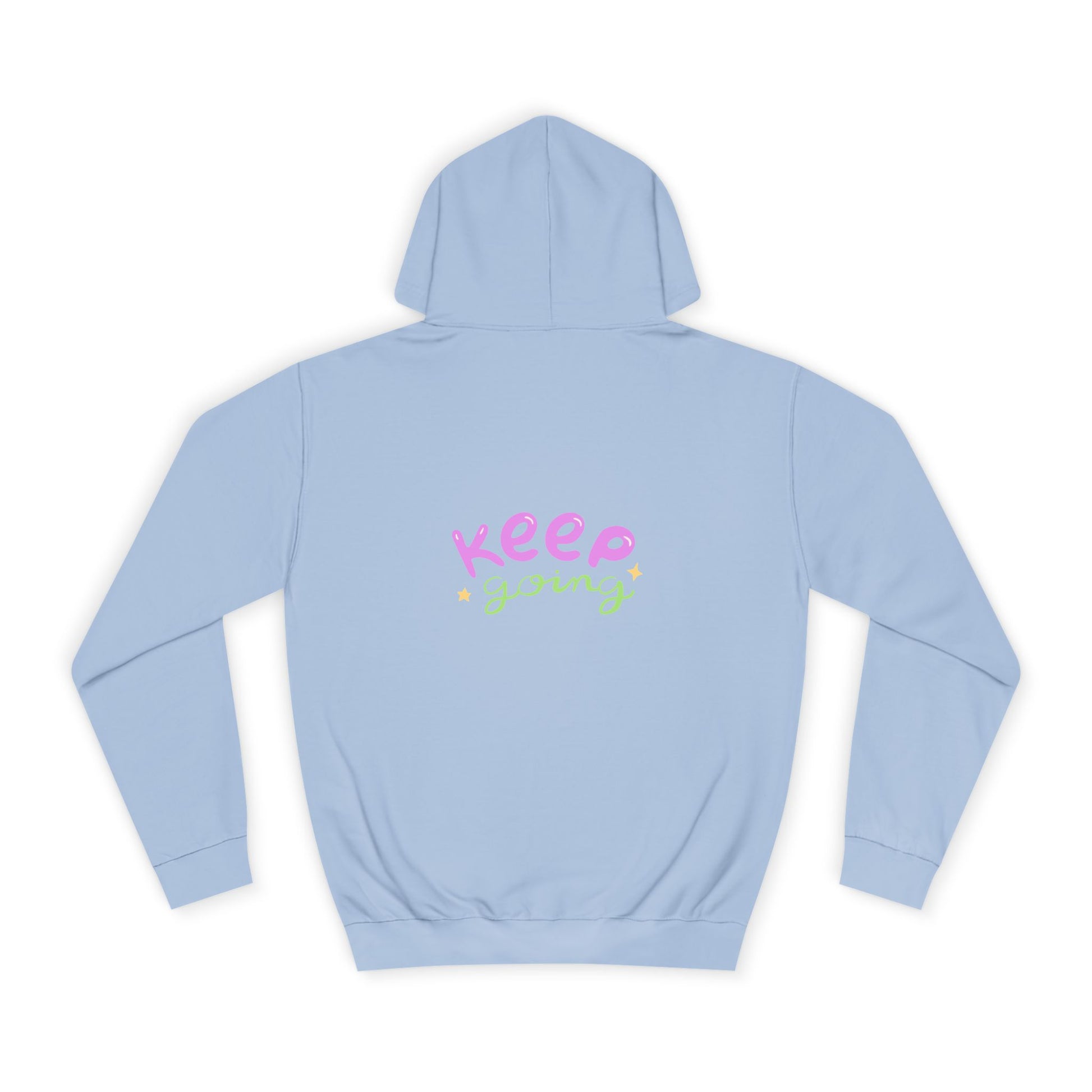 Light blue hoodie with colorful text on the back against a white background
