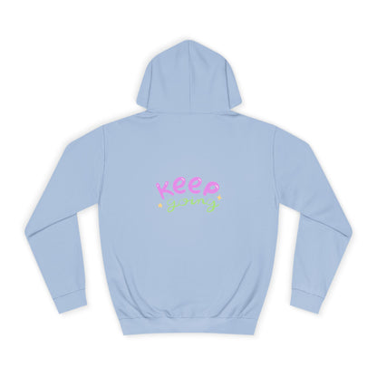 Light blue hoodie with colorful text on the back against a white background