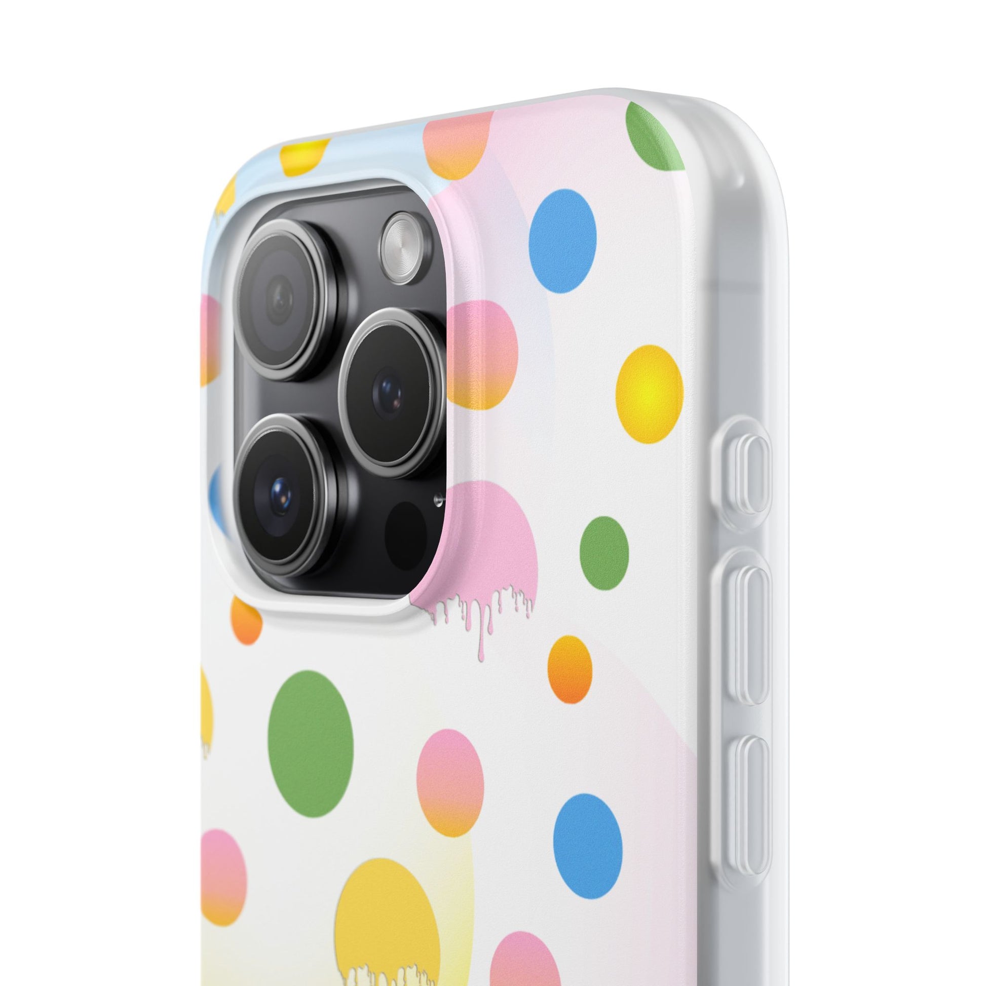Phone case with colorful polka dot pattern on a white background