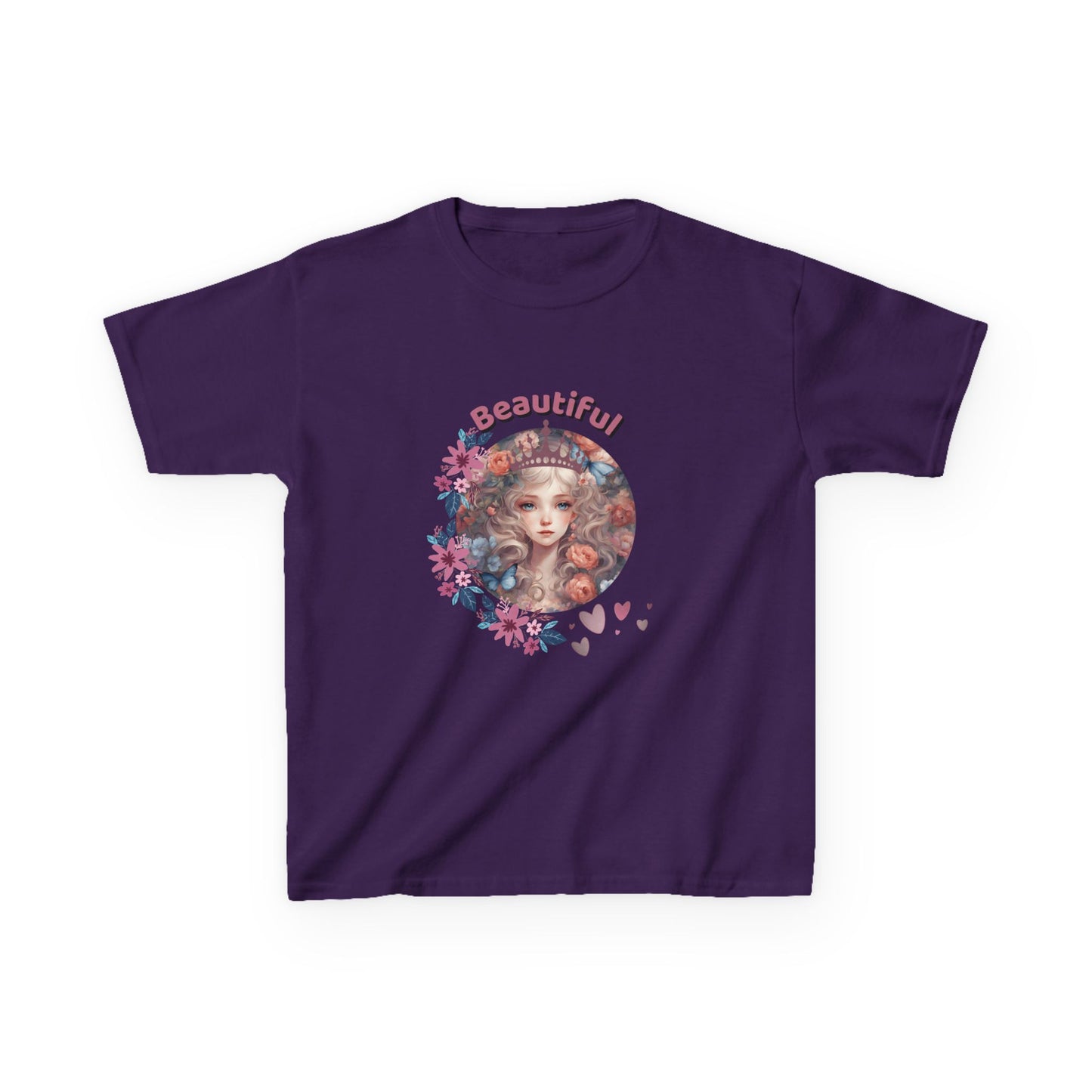 Purple t-shirt with a floral design and 'Beautiful' text on a white background