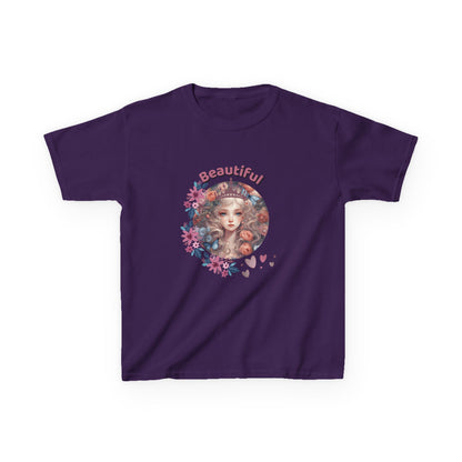 Purple t-shirt with a floral design and 'Beautiful' text on a white background