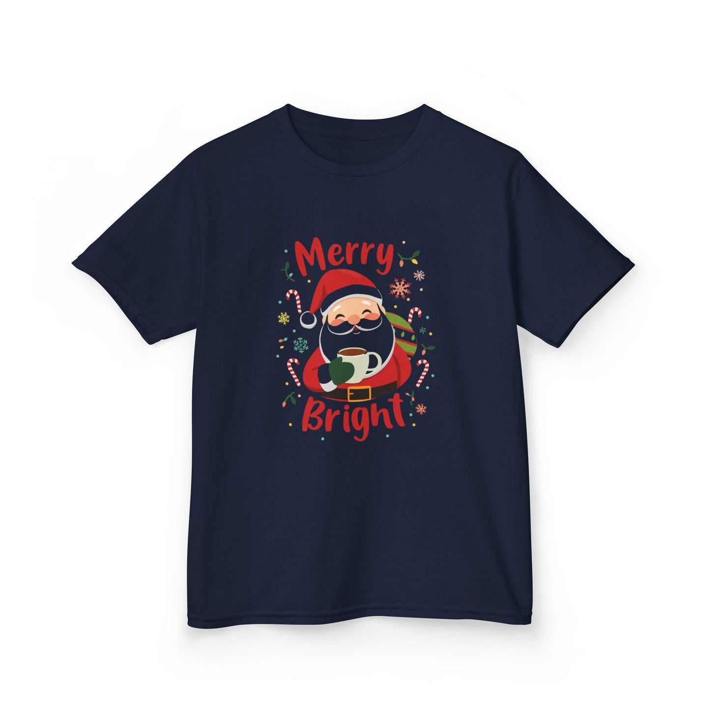 Navy blue t-shirt with a Christmas-themed design featuring Santa Claus on a white background