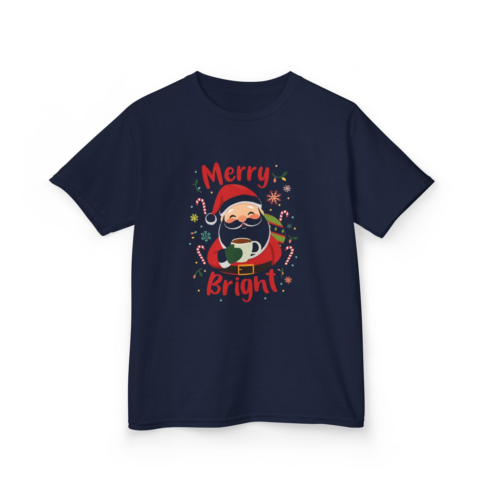 Navy blue t-shirt with a Christmas-themed design featuring Santa Claus on a white background