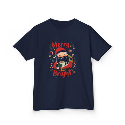 Navy blue t-shirt with a Christmas-themed design featuring Santa Claus on a white background