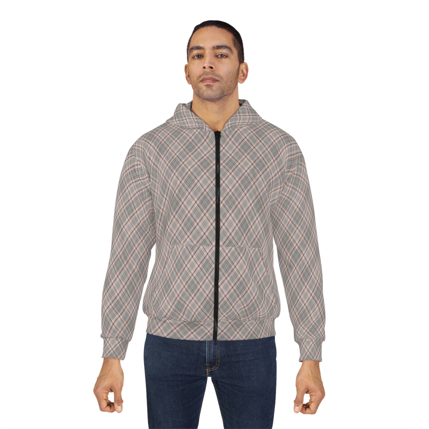 Man wearing a plaid hoodie on a white background
